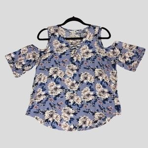 Warehouse One Cold Shoulder Floral Blouse Small Half Sleeve Violet Blue Popover